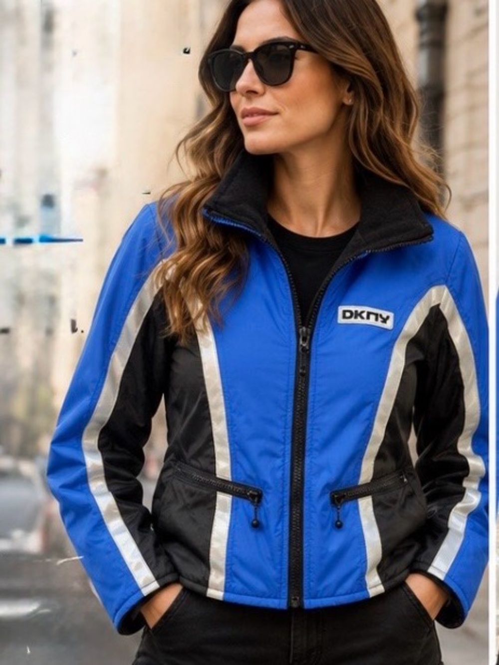 DKNY Jeans Y2K Style Reflective Colorblock Jacket Blue Black